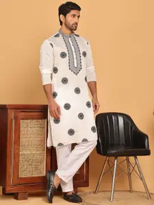 Jompers Floral Embroidered Mandarin Collar Straight Kurta With Pyjamas