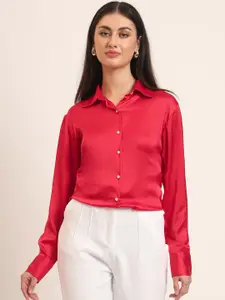AMSWAN Women Comfort Fit Spread Collar Solid Satin Casual Shirt