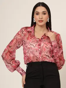 AMSWAN Women Comfort Fit Spread Collar Abstract Printed Chiffon Casual Shirt