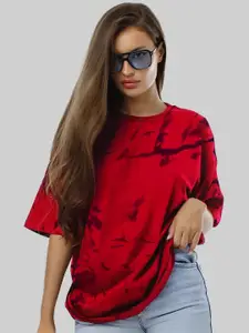 Leotude Women Abstract Printed Round Neck Cotton Oversized T-shirt