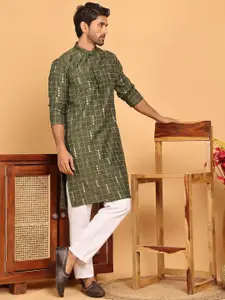 Jompers Geometric Embroidered Mandarin Collar Straight Kurta With Pyjamas