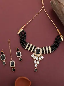 EVY Gold Plated Artificial Stones Studded & Beaded Necklace With Earrrings & Maang Tika