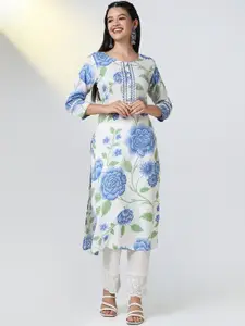 SHOWOFF Floral Printed Round Neck Mirror Work Straight Kurtas