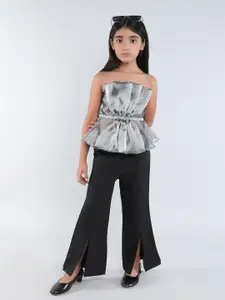 taffykids Girls Ruffle Shoulder Straps Peplum Top With Trousers