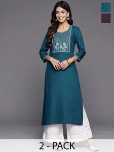 Varanga Selection Of 2 Floral Embroidered Round Neck Straight Kurtas