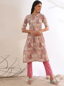 AURELIA Floral Printed Keyhole Neck Sequinned Kurta A-Line Kurta