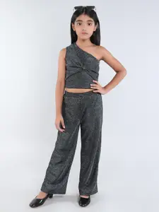 taffykids Girls Self Design Bow One Shoulder Top With Trouser