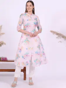 AURELIA Floral Printed Mandarin Collar Kurta Panelled A-Line Kurta