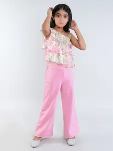 taffykids Girls Floral Printed One Shoulder Top With Trouser