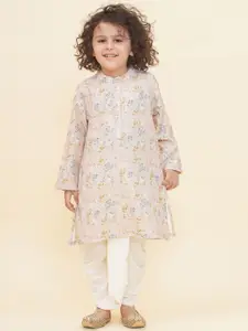 Sethukrishna Boys Floral Printed Band Collar Straight Kurta With Dhoti Pants