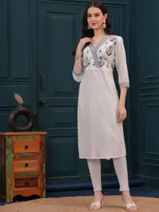 HIGHLIGHT FASHION EXPORT Floral Embroidered V-Neck Sequinned A-Line Kurta