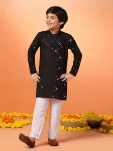 Sangria Boys Black Band Collar Chevron Embroidered Mirror Work Kurta And Pyjama