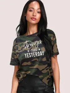 Leotude Women Camouflage Typography Round Neck T-shirt