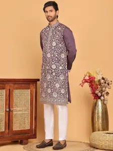 Jompers Floral Embroidered Silk Blend Mandarin Collar Straight Kurta With Pyjamas