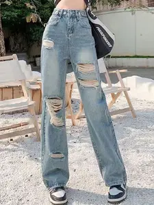 bebe Women Straight Fit High-Rise Mildly Distressed Heavy Fade Jeans