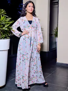 SUFIZA LIFESTYLE Floral Printed Longline Button Georgette Shrug