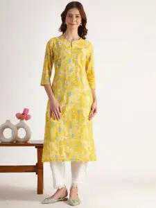 W Floral Printed Keyhole Neck Pure Cotton Straight Kurta