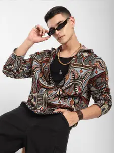 Beyoung Men Beige Tribal Print Hoodie Shacket Sweatshirts for men