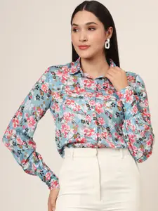 AMSWAN Women Comfort Fit Spread Collar Floral Printed Satin Casual Shirt