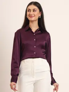 AMSWAN Women Comfort Regular Fit Spread Collar Solid Satin Casual Shirt