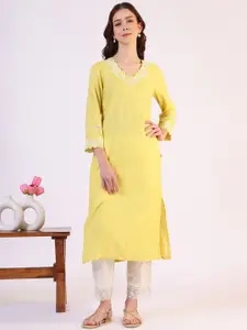 W Floral Embroidered V-Neck Mirror Work Pure Cotton A-Line Kurta