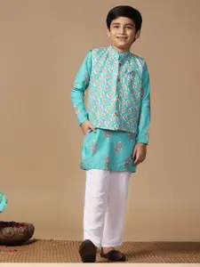 Sangria Teal Blue Boys Floral Printed Kurta With Trouser And Waistcoat