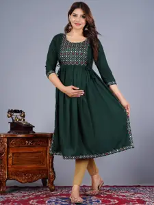 clothonus Asha Round Neck Pleated Mirror Work A-Line Maternity Kurta