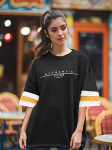 Leotude Women Typography Printed Round Neck Cotton Oversized T-shirt