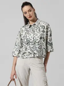KATECLO Women Floral Printed Flared Sleeve Cotton Shirt Style Crop Top
