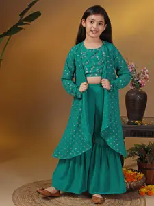 FASHION DREAM Girls Floral Embroidered Sequinned Top with Sharara & Shrug