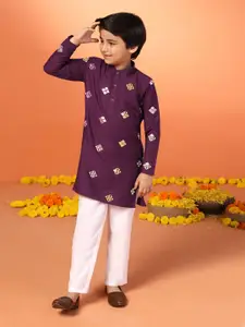 Sangria Purple Boys Geometric Embroidered Kurta With Trouser