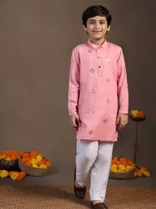Sangria Boys Pink Geometric Embroidered Mirror Work Mandarin Collar Kurta And Pyjama