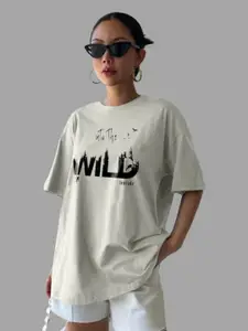 Leotude Women Typography Printed Round Neck Cotton Oversized T-shirt