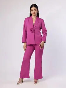 BLANC9 Women Purplish Pink Blazer Set With Flower Brooch