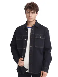 RARE RABBIT Men YULIO Spread Collar Washed Solid Cotton Casual Denim Jacket
