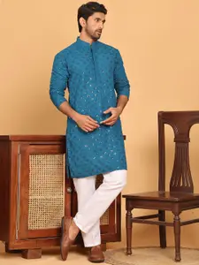 Jompers Floral Embroidered Mandarin Collar Chikankari Straight Kurta With Pyjama