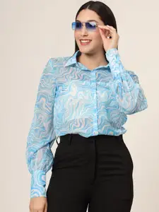 AMSWAN Women Sheer Comfort Fit Spread Collar Abstract Printed Chiffon Casual Shirt
