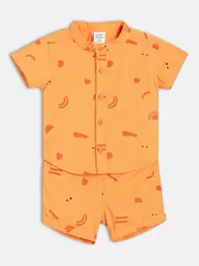 MINI KLUB Boys Conversational Printed Band Collar Pure Cotton Shirt With Shorts