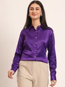 AMSWAN Women Comfort Fit Spread Collar Solid Satin Casual Shirt