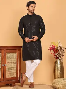 Jompers Geometric Embroidered Mandarin Collar Straight Kurta With Pyjamas