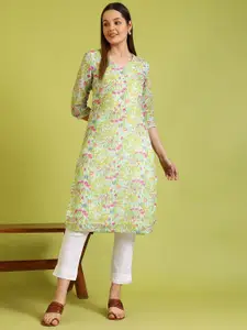 W Floral Printed V-Neck Pure Cotton Straight Kurta