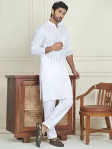 Jompers Striped Mandarin Collar Straight Cotton Kurta And Pyjama
