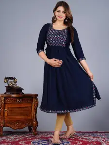 clothonus Round Neck Pleated Mirror Work A-Line Maternity Kurta