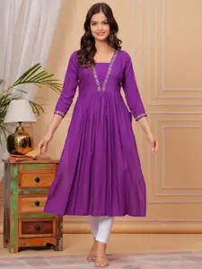 clothonus Asha Floral Embroidered Yoke Design V-Neck Pleated A-Line Kurta