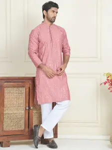 Jompers Floral Embroidered Mandarin Collar Straight Kurta With Pyjamas
