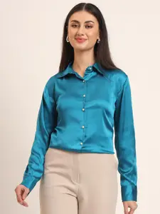 AMSWAN Women Comfort Fit Spread Collar Solid Satin Casual Shirt