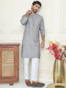 Jompers Floral Embroidered Mandarin Collar Straight Kurta With Pyjamas