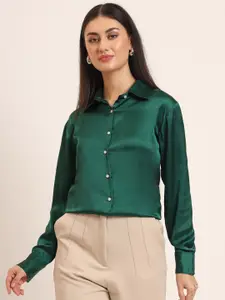 AMSWAN Women Comfort Fit Spread Collar Solid Satin Casual Shirt