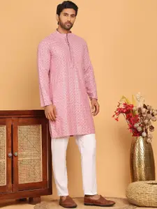 Jompers Floral Embroidered Mandarin Collar Sequinned Straight Kurta With Pyjama