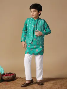 Sangria Turquoise Blue Boys Floral Printed Kurta With Trouser And Jacket
